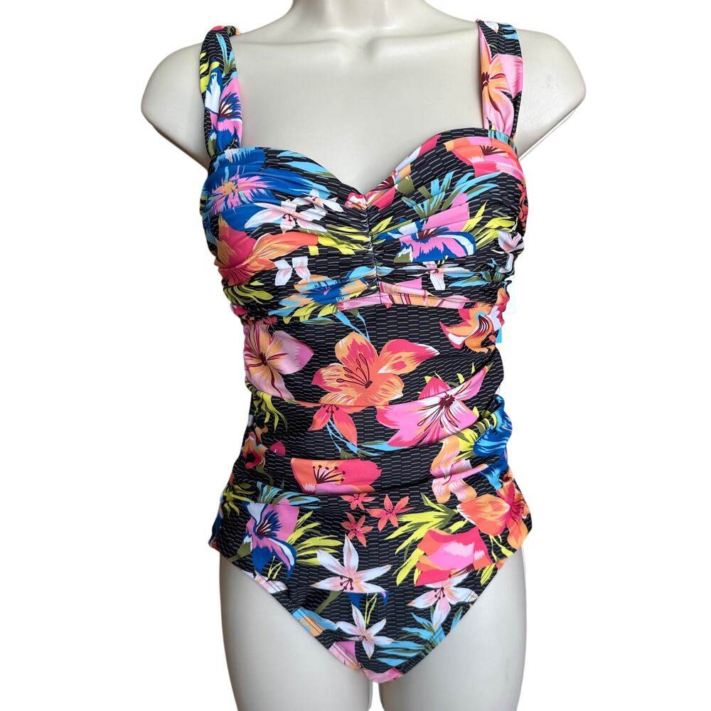 Bleu Rod Beattie Lets Get Away Shirred Bandeau One Piece Swim Suit 6 NWT